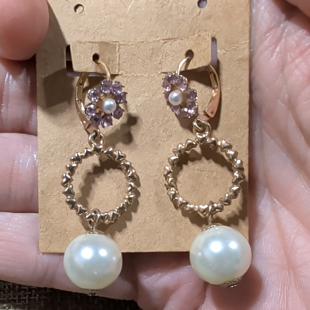 Goldtoned Hoop Faux Pearl Purple Flower Pattern Pierced Earrings